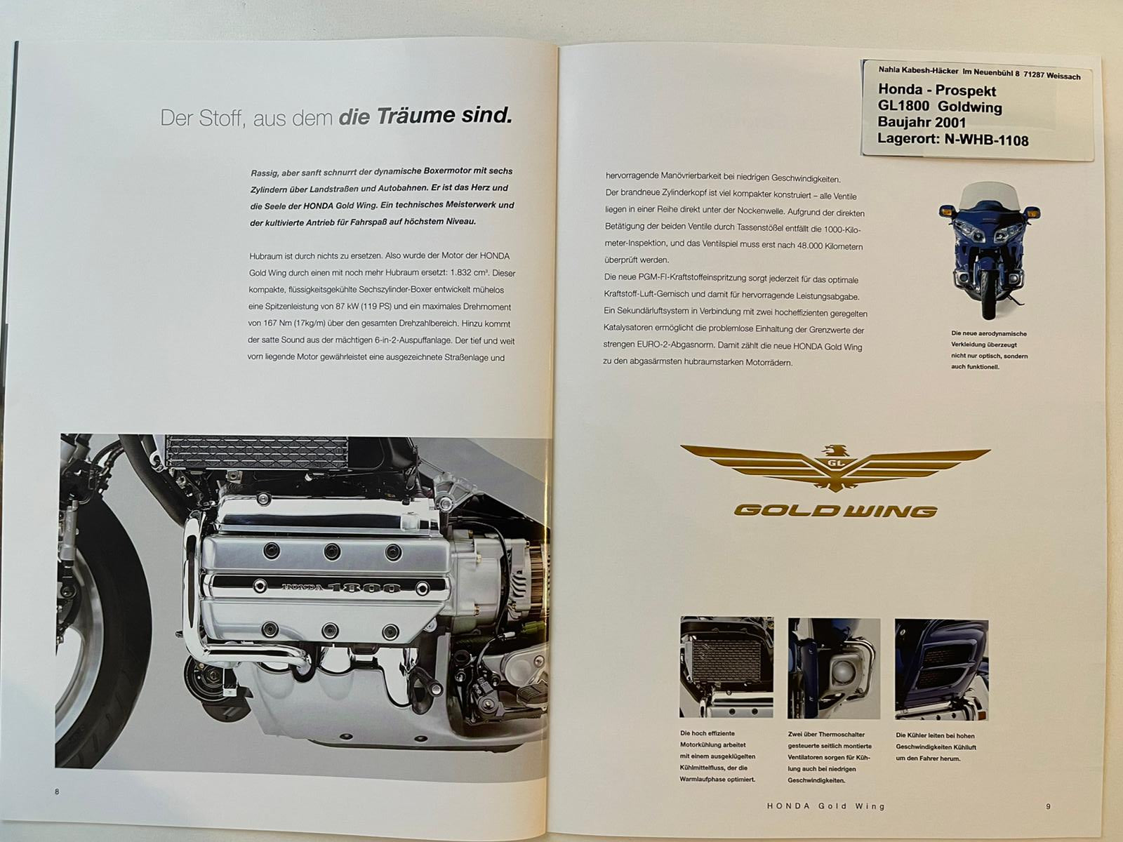 Prospekt Honda GL1800 GL 1800 Goldwing Bj. 2001 + Aufkleber