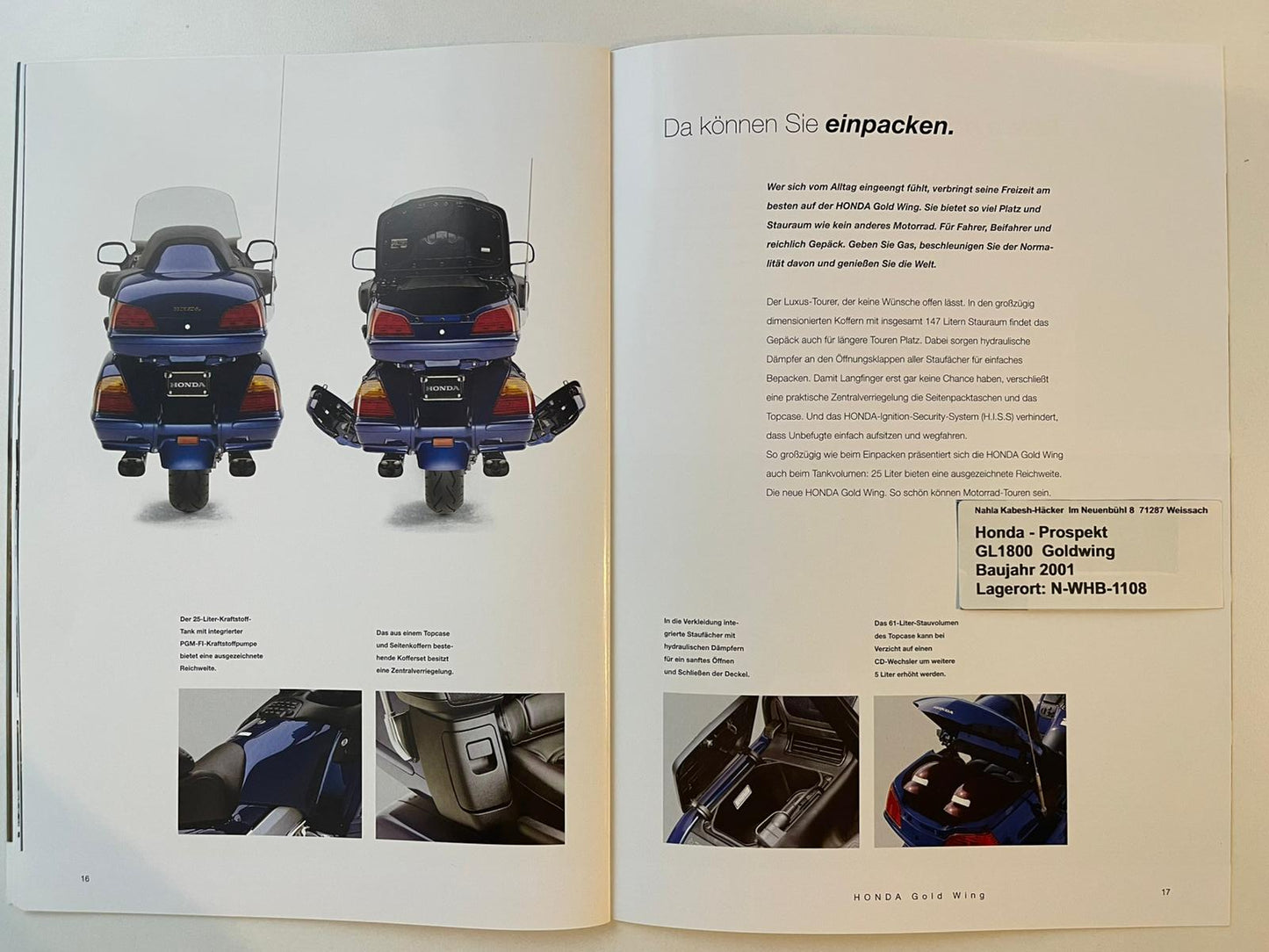 Prospekt Honda GL1800 GL 1800 Goldwing Bj. 2001 + Aufkleber