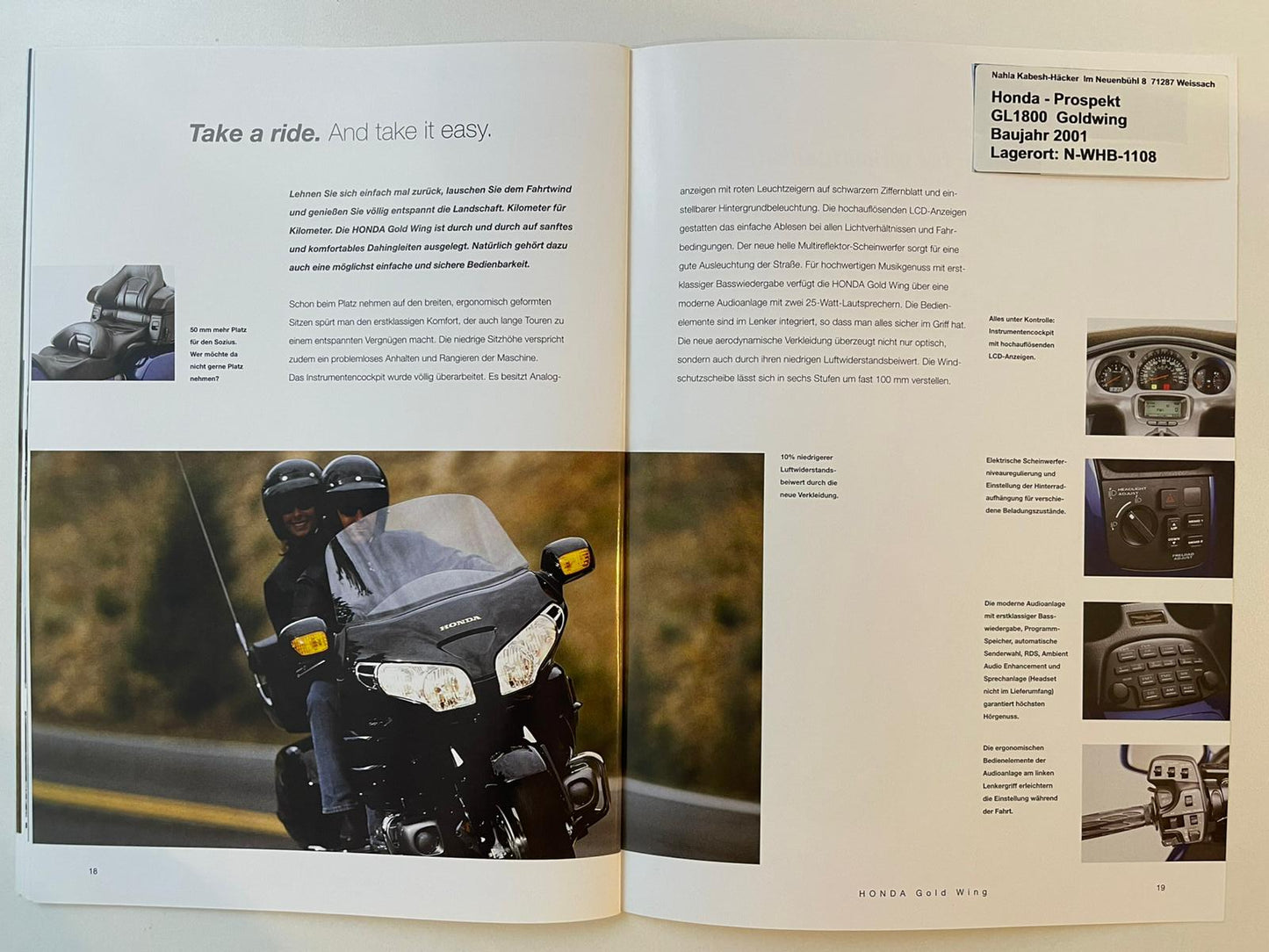 Prospekt Honda GL1800 GL 1800 Goldwing Bj. 2001 + Aufkleber