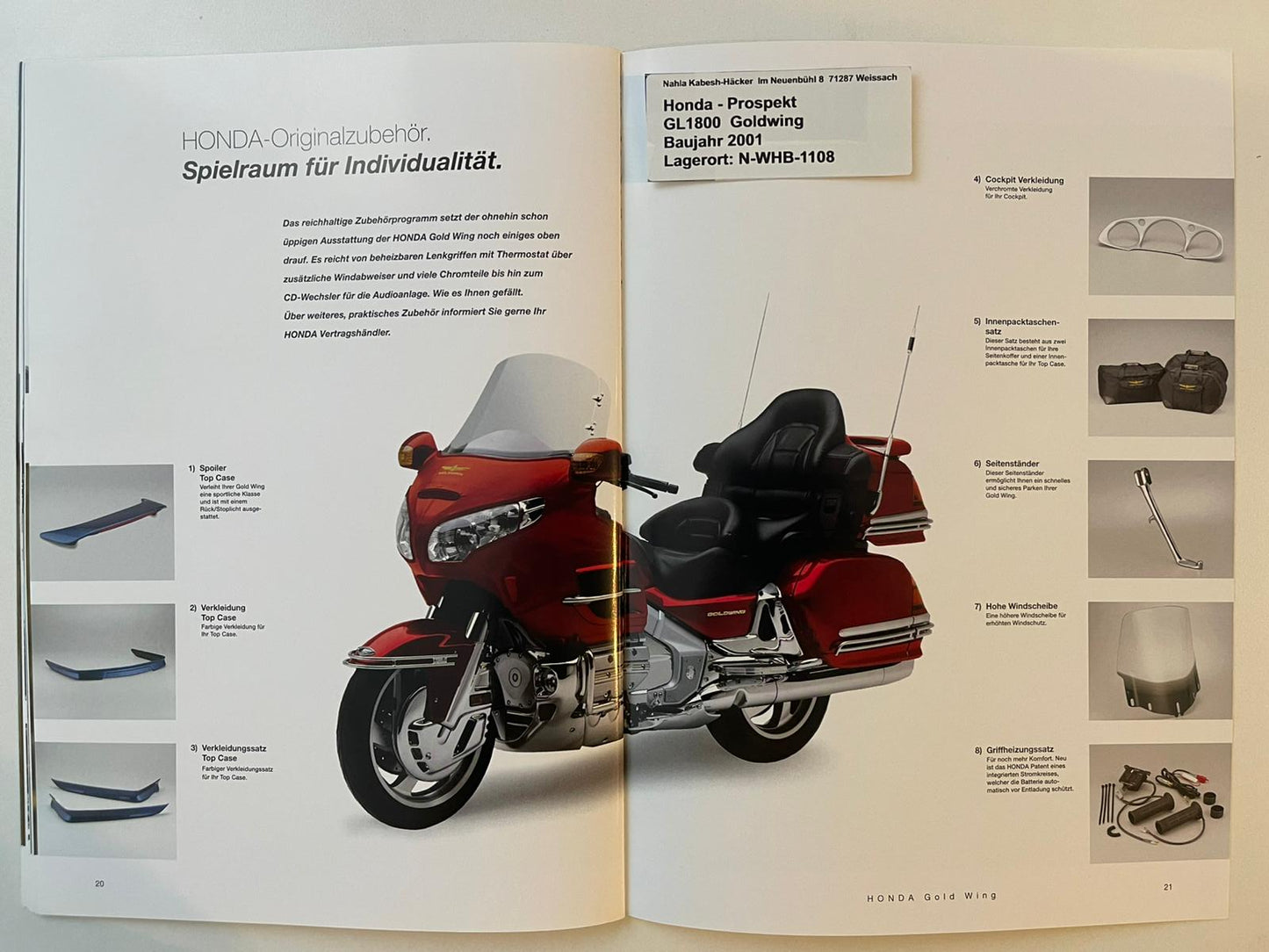 Prospekt Honda GL1800 GL 1800 Goldwing Bj. 2001 + Aufkleber