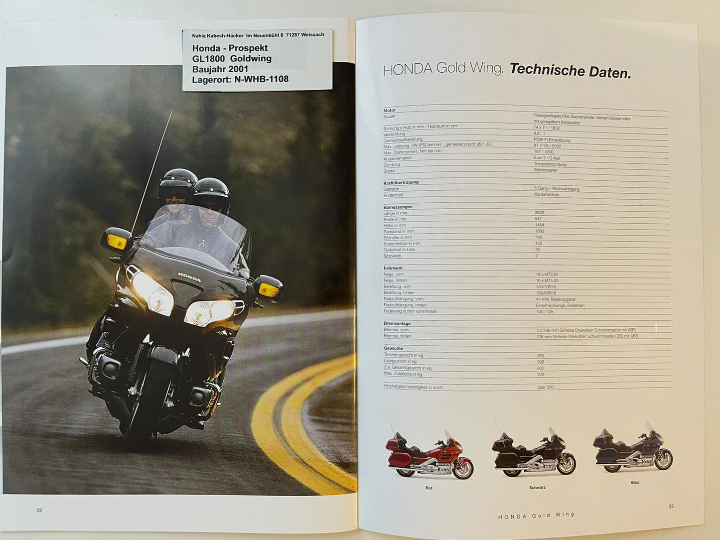 Prospekt Honda GL1800 GL 1800 Goldwing Bj. 2001 + Aufkleber