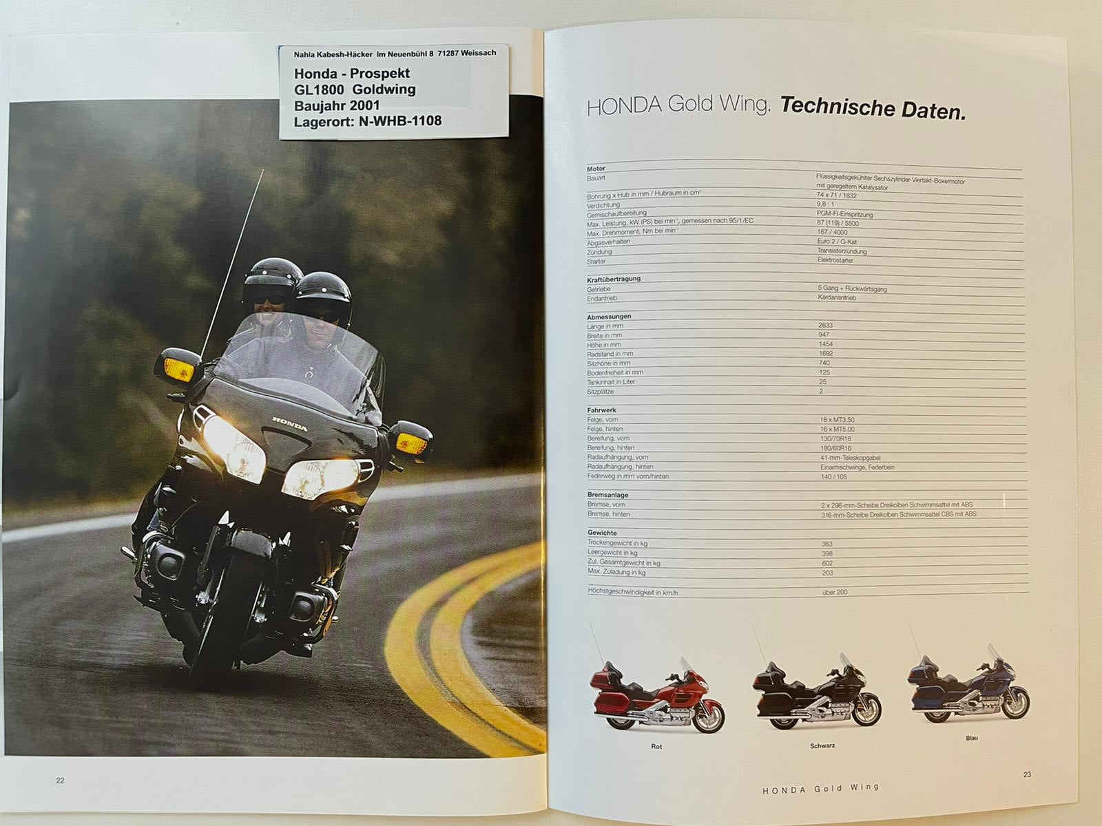 Prospekt Honda GL1800 GL 1800 Goldwing Bj. 2001 + Aufkleber