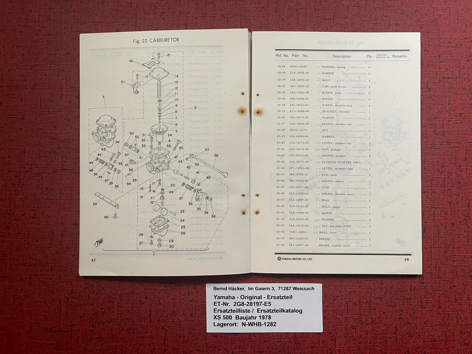 Ersatzteilkatalog XS500 XS 500 Typ 1H2 Bj 1978 Yamaha Ersatzteilliste