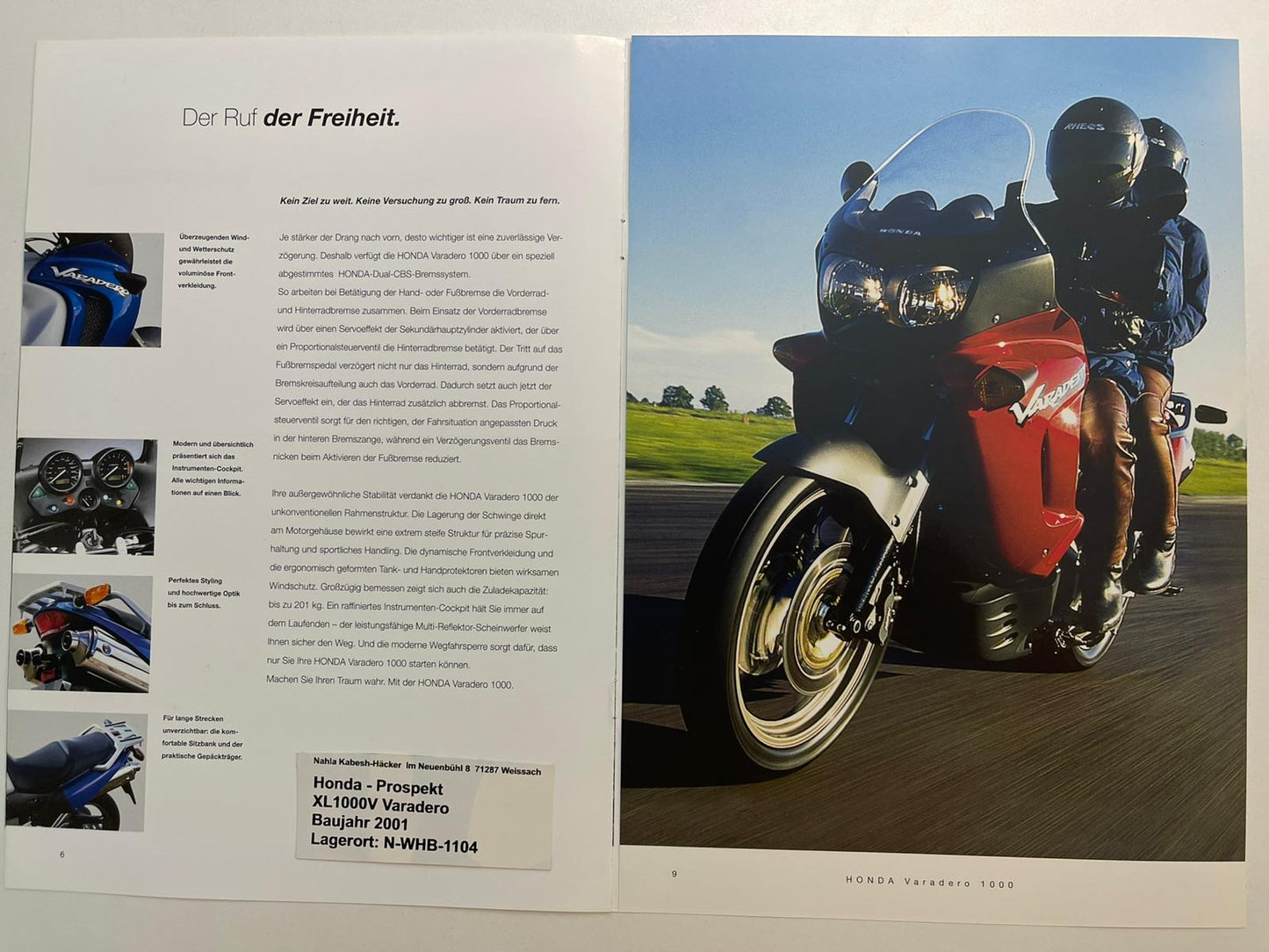 Prospekt Honda XL1000V Varadero Bj. 2001 + Aufkleber neu