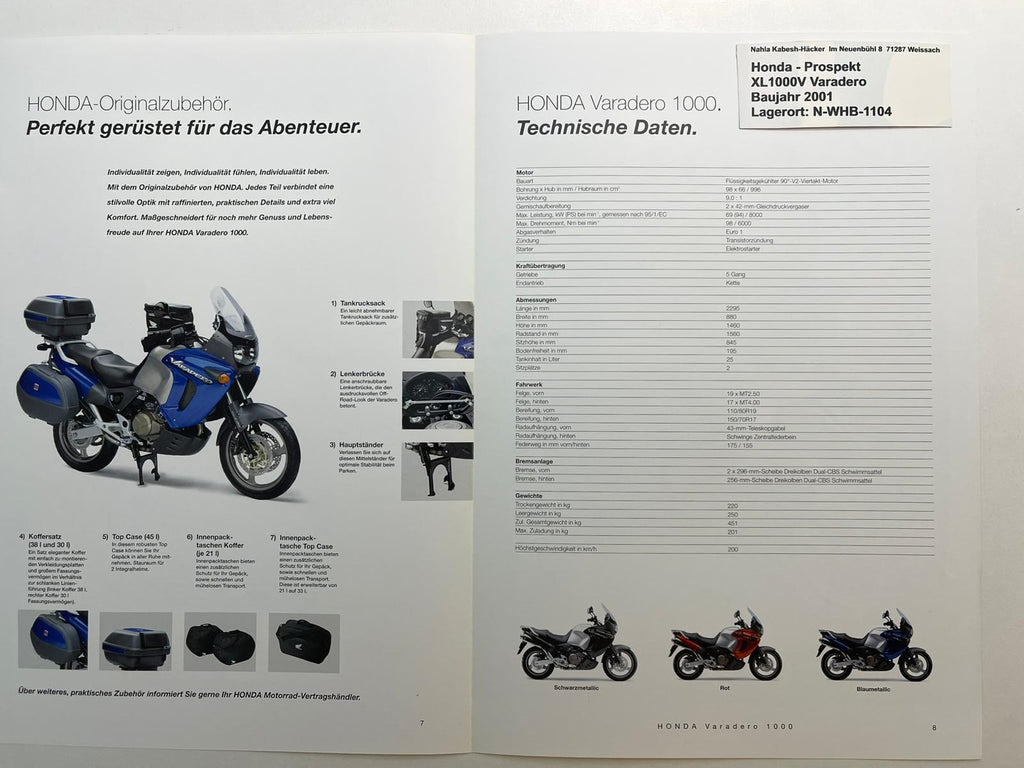 Prospekt Honda XL1000V Varadero Bj. 2001 + Aufkleber neu