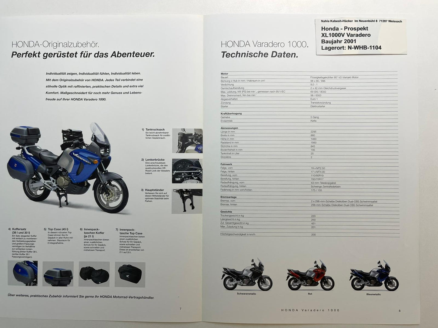 Prospekt Honda XL1000V Varadero Bj. 2001 + Aufkleber neu