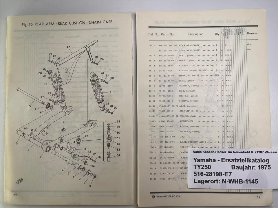 Ersatzteilkatalog TY250 TY 250 Typ 516 Baujahr 1978 Yamaha Ersatzteilliste