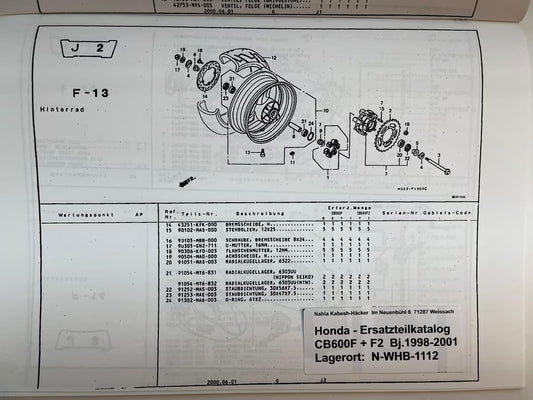 Ersatzteilkatalog CB600F CB 600 F F2 Hornet Bj. 1998 - 2001 Honda Ersatzteilliste