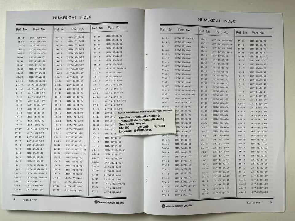 Ersatzteilkatalog  XS1100 XS 1100 2H9 Baujahr 1978 Yamaha Ersatzteilliste