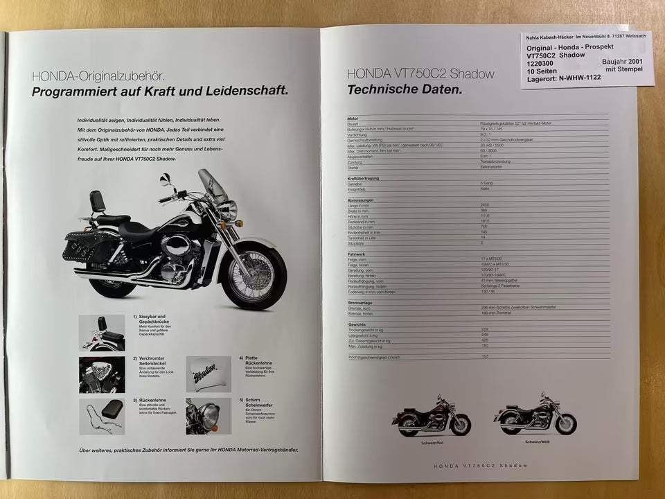 Prospekt Honda VT750C2 VT 750 C2 Shadow Baujahr 2001 + Aufkleber