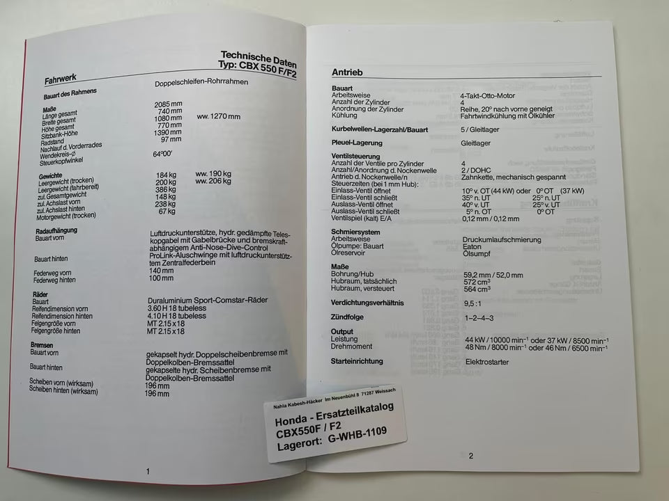 Ersatzteilkatalog CBX550F CBX 550 F / F2 Bj. 1982 - 1984 Honda Ersatzteilliste
