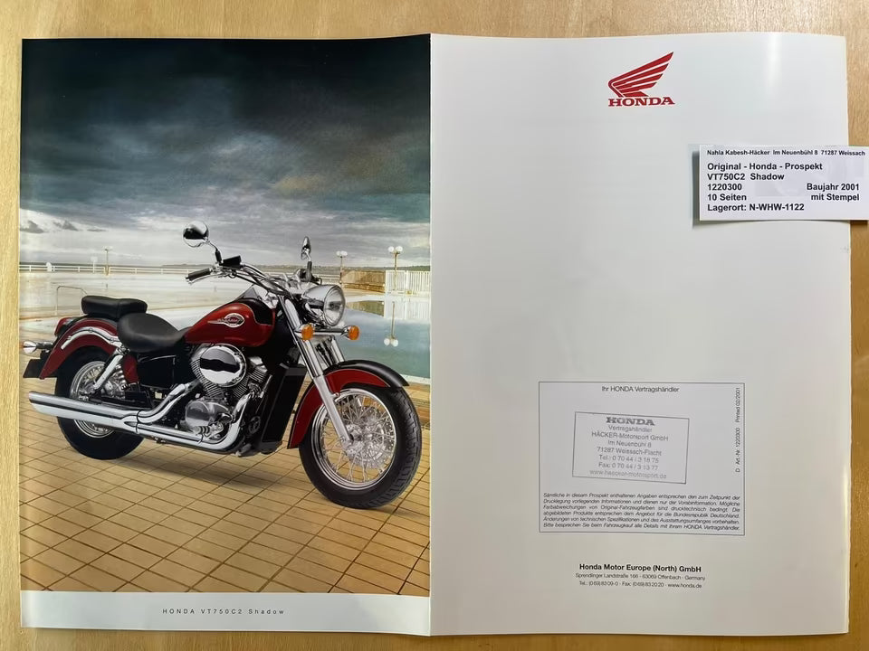 Prospekt Honda VT750C2 VT 750 C2 Shadow Baujahr 2001 + Aufkleber