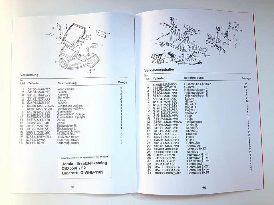 Ersatzteilkatalog CBX550F CBX 550 F / F2 Bj. 1982 - 1984 Honda Ersatzteilliste