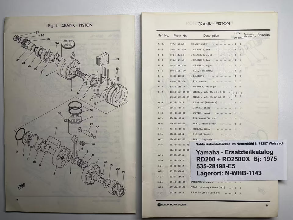 Ersatzteilkatalog RD200 RD 200 DX Typ 397 Baujahr 1975 Yamaha Ersatzteilliste