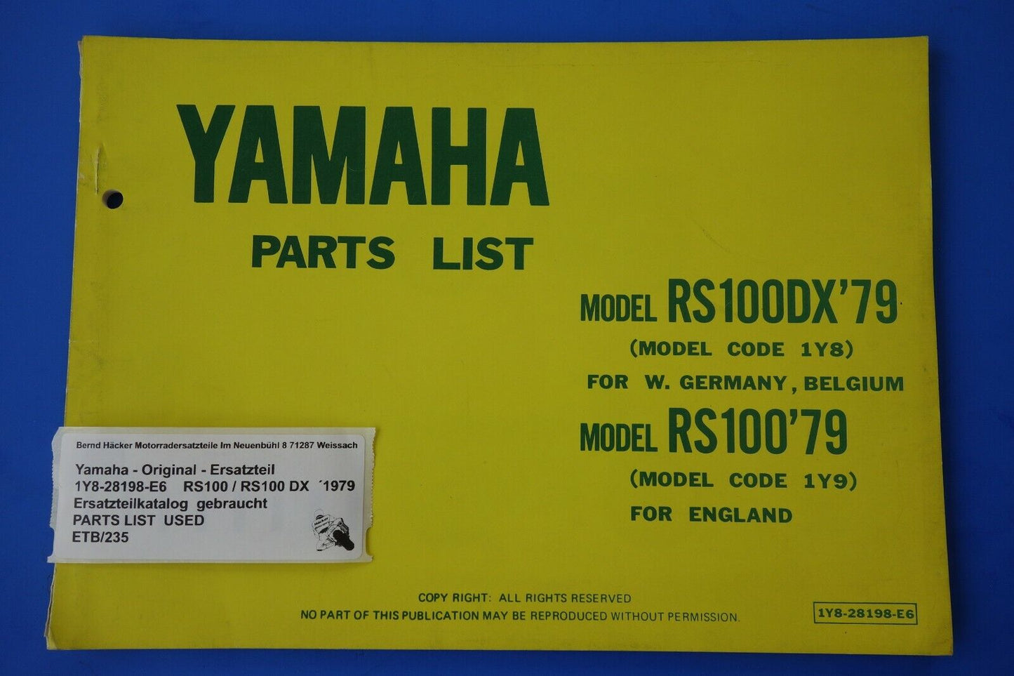 Spare parts catalogue _ Parts list _ PARTSLIST _ Yamaha _ RS 100 / RS 100 DX _ 1979