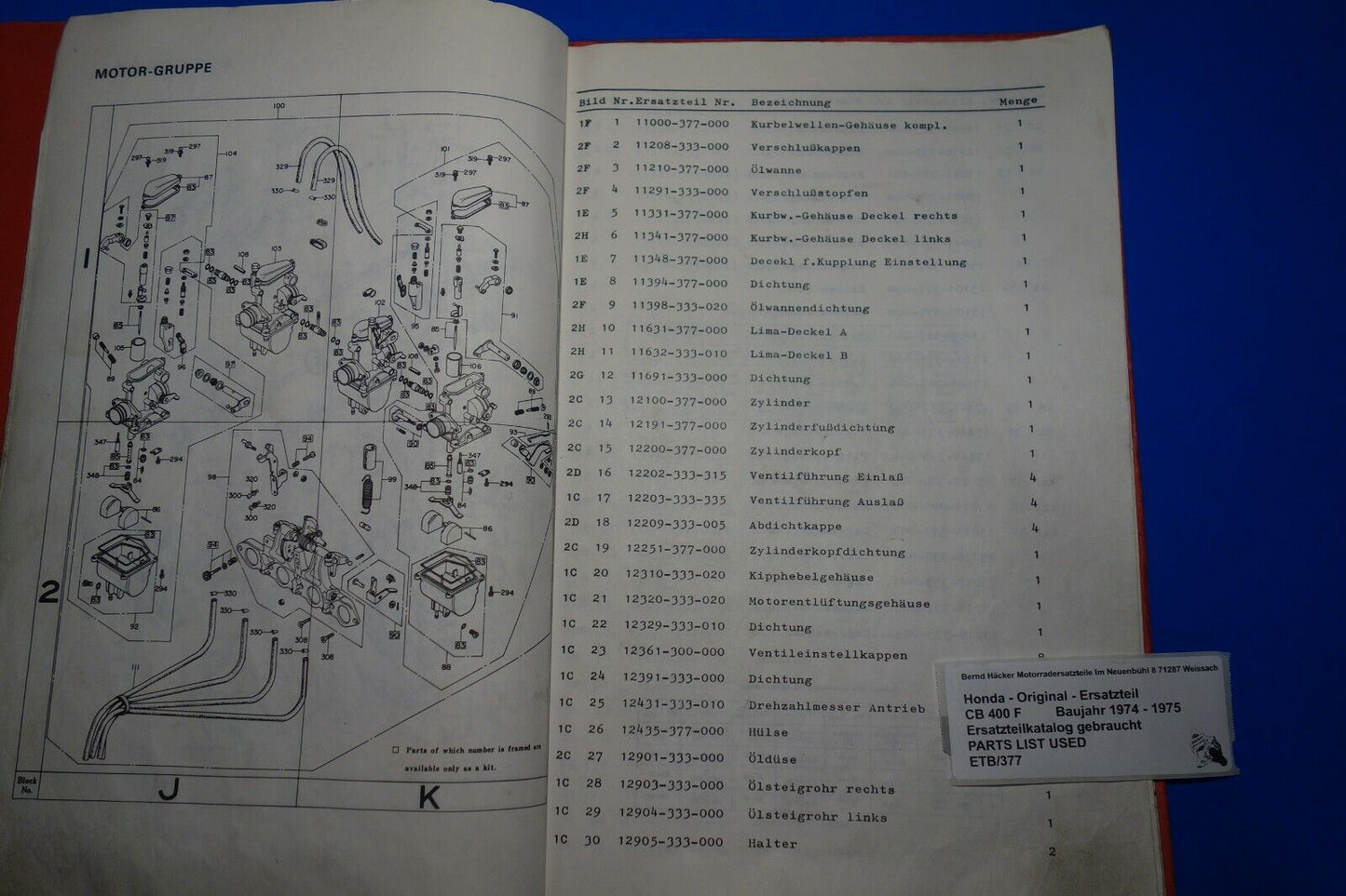 Spare parts catalogue _ Parts list _ PARTSLIST _ Honda _ CB 400 F _ Year 1974 - 1975