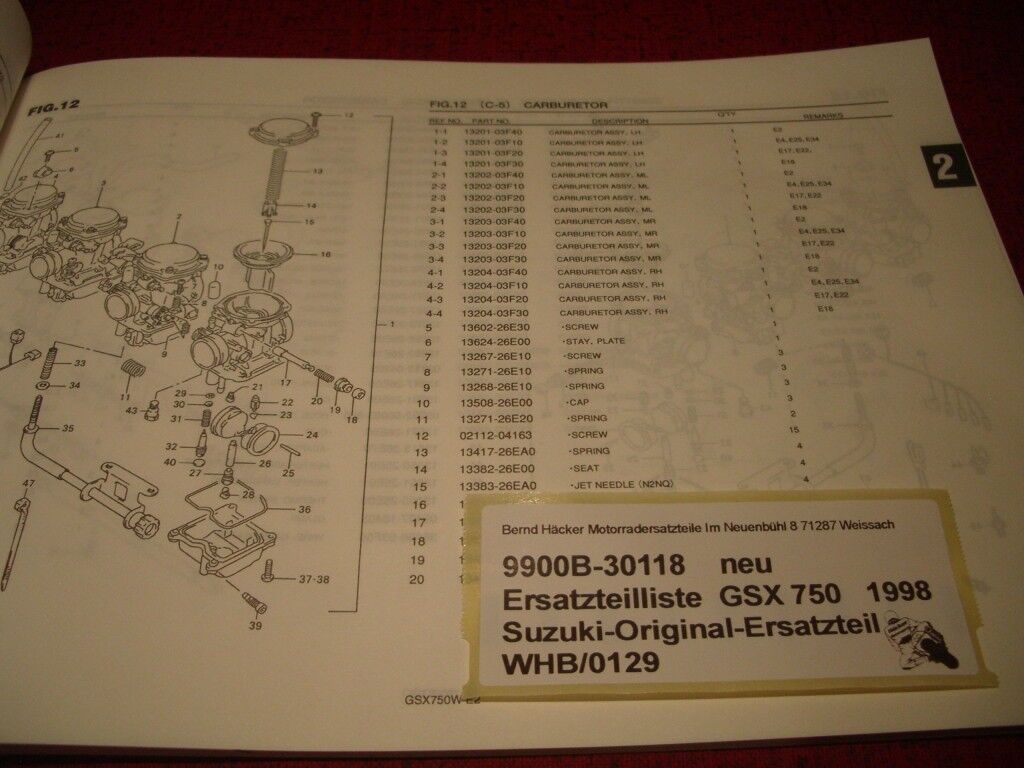 ERSATZTEILLISTE _ PARTS CATALOGUE _ SUZUKI _ GSX 750 _ BAUJAHR 1998