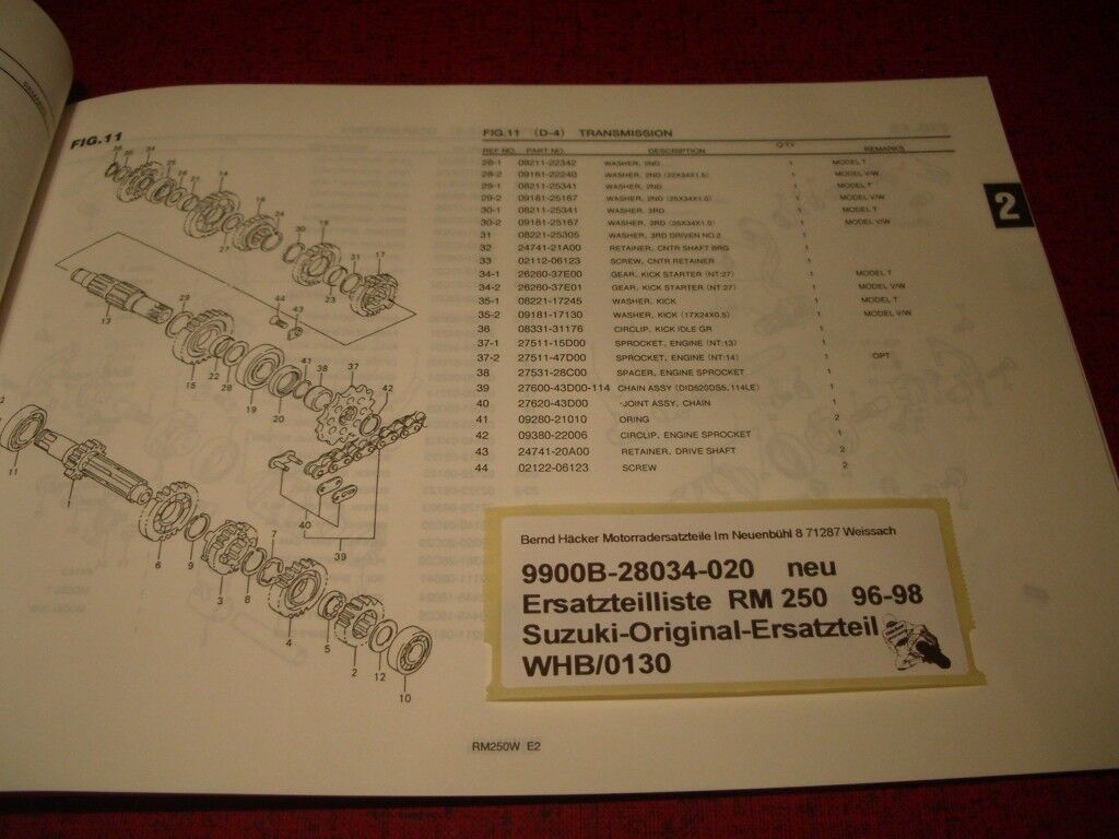 SPARE PARTS LIST _ PARTS CATALOGUE _ SUZUKI _ RM 250 _ YEAR 1996 - 1998