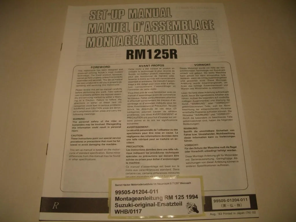Montageanleitung _ SET-UP MANUAL _ original _ SUZUKI_ RM 125_ Baujahr 1994