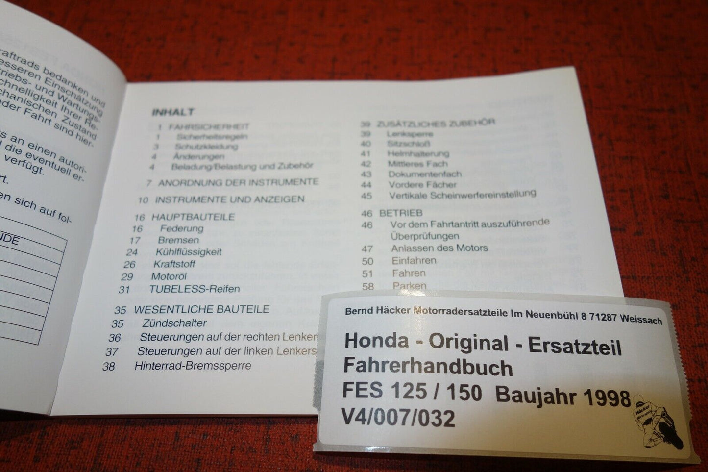 Fahrerhandbuch  _ Owners Manual _ FES 125 / 150 _ Baujahr 1998 _ Original Honda