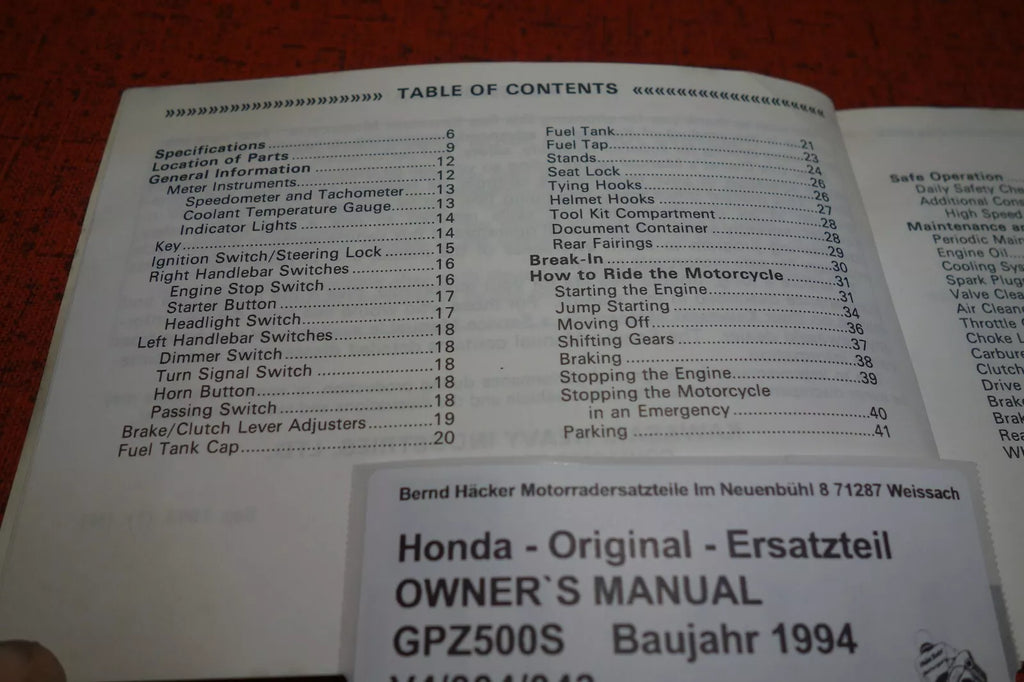 OWNER`S MANUAL _ Kawasaki _ GPZ 500 S _EX500 D1 / E1 _ Baujahr 1994