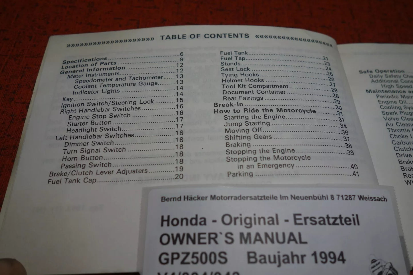 OWNER`S MANUAL _ Kawasaki _ GPZ 500 S _EX500 D1 / E1 _ Baujahr 1994