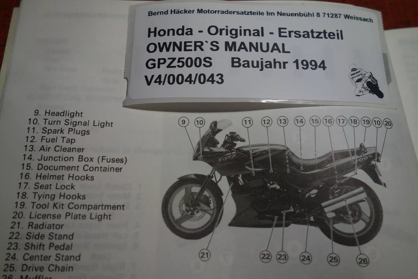 OWNER`S MANUAL _ Kawasaki _ GPZ 500 S _EX500 D1 / E1 _ Baujahr 1994