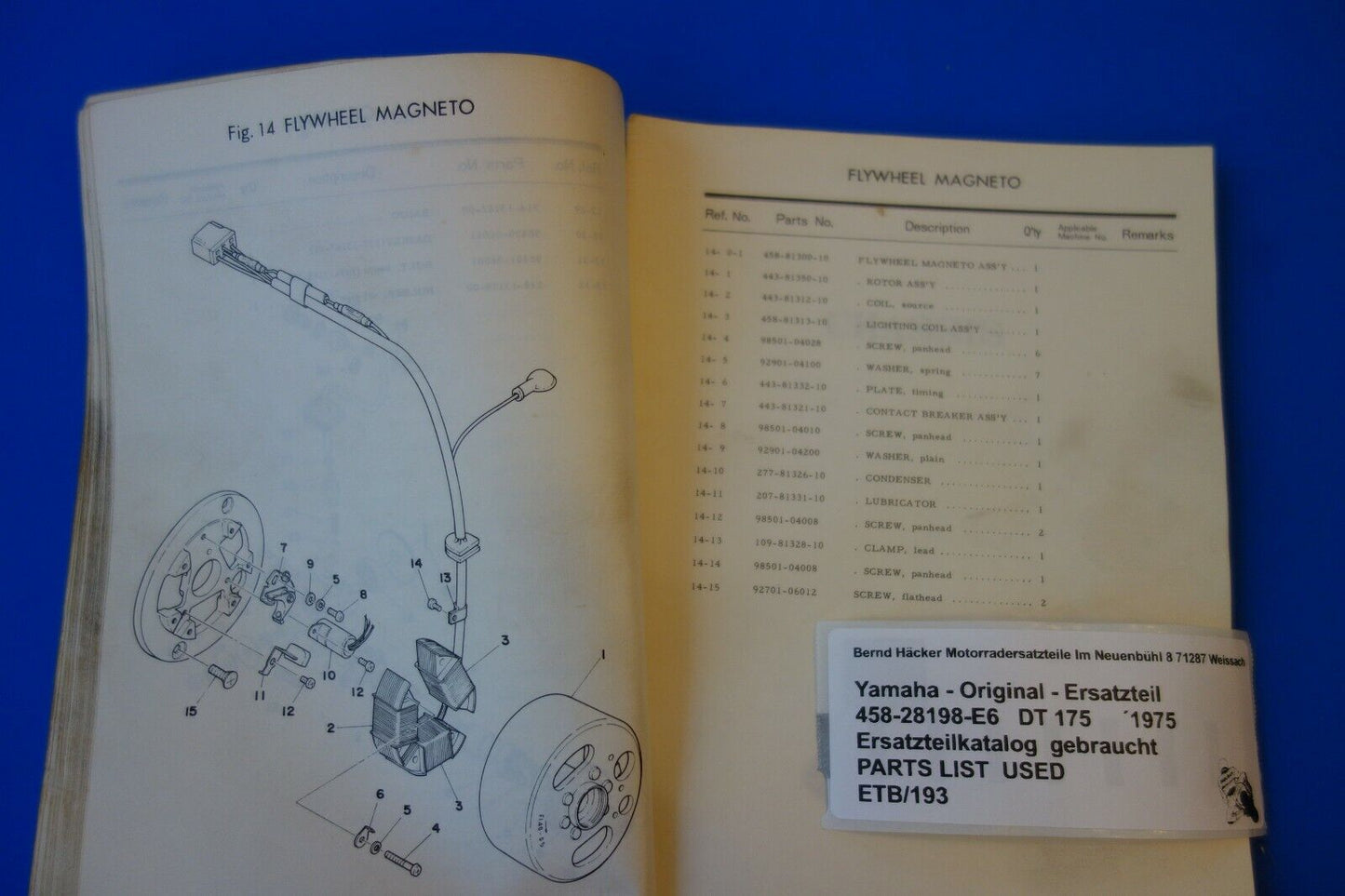 Spare parts catalogue parts list PARTSLIST Yamaha DT 175 Type CT1 1975