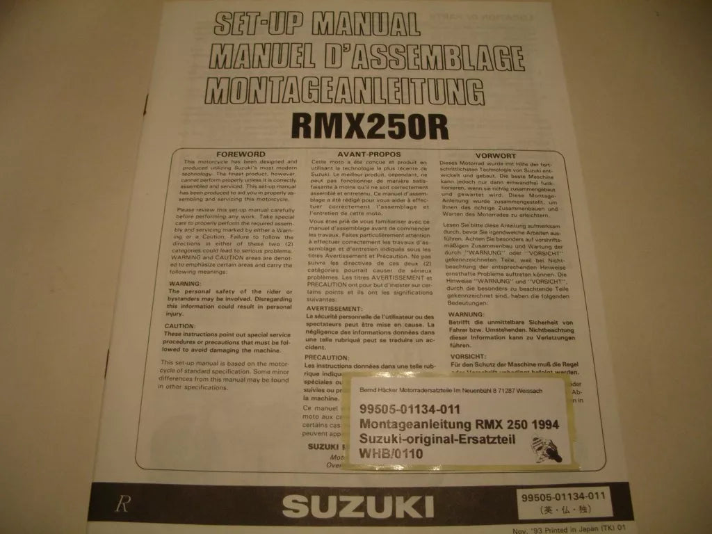 Assembly instructions _ SET-UP MANUAL _ original _ SUZUKI_ RMX 250_ year of manufacture 1994