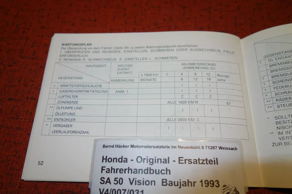 Fahrerhandbuch  Owners Manual SA50 Vision Baujahr 1993 Original Honda