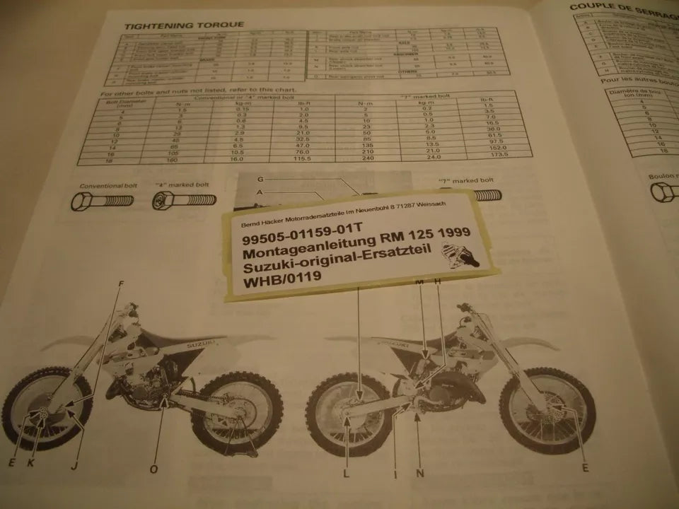 SET-UP MANUAL _ MANUEL D`ASSEMBLAGE _ original _ SUZUKI_ RM 125_ Baujahr 1999