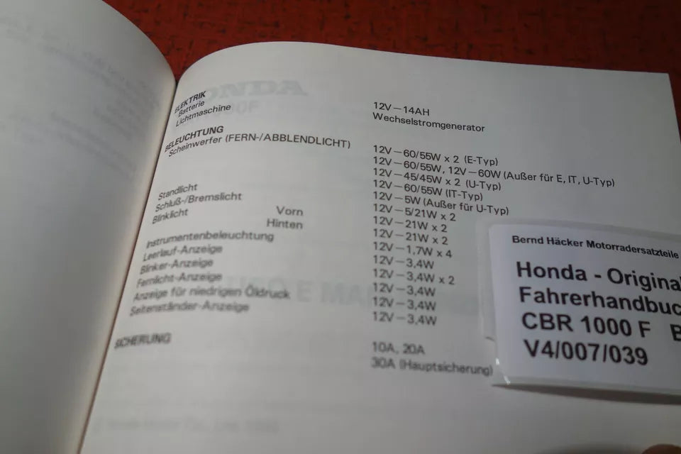 Driver's Manual _ Owners Manual _ Manuel du Conducteur _ CBR 1000 F _Year of manufacture 1993