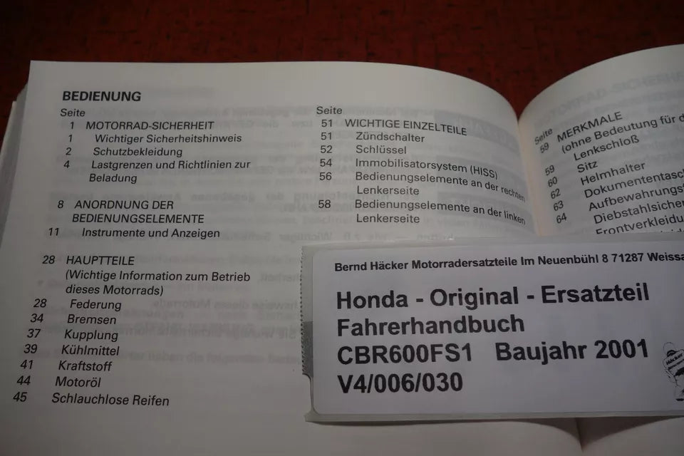 Fahrerhandbuch _ Owners Manual _ Manuel du Conducteur _ CBR 600 FS _Baujahr 2001