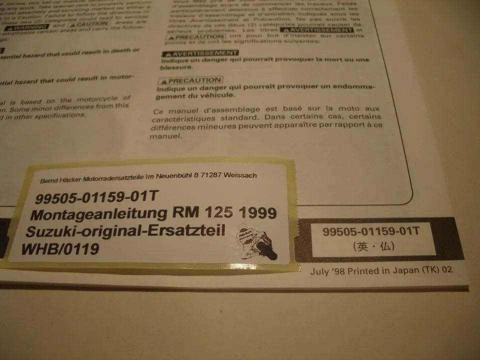 SET-UP MANUAL _ ASSEMBLY MANUAL _ original _ SUZUKI_ RM 125_ year of manufacture 1999