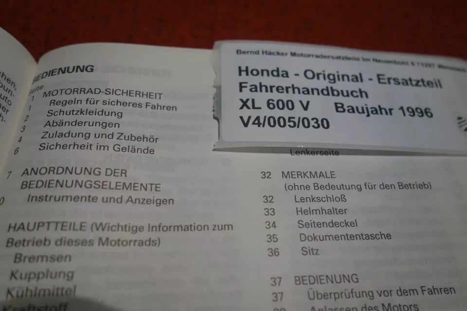 Fahrerhandbuch _ OWNER`S MANUAL _ Manuel du Conducteur _ XL 600 V _Baujahr 1996