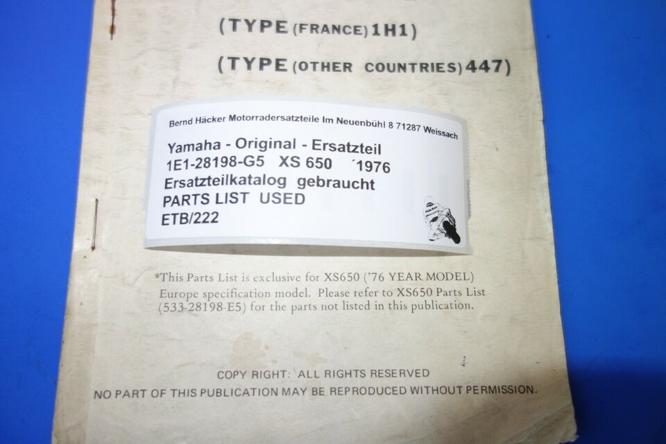 Spare parts catalogue _ Parts list _ PARTSLIST _ Yamaha _ XS 650 _ 447 + 1H1 _ 1978