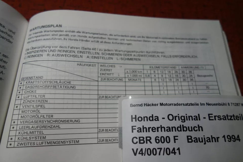 Fahrerhandbuch _ Owners Manual _ Manuel du Conducteur _ CBR 600 F _ Baujahr 1994