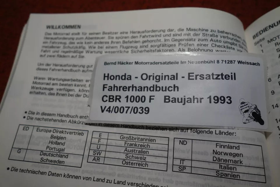 Fahrerhandbuch _ Owners Manual _ Manuel du Conducteur _ CBR 1000 F _Baujahr 1993