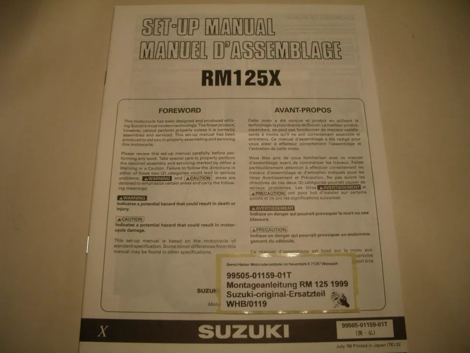 SET-UP MANUAL _ ASSEMBLY MANUAL _ original _ SUZUKI_ RM 125_ year of manufacture 1999