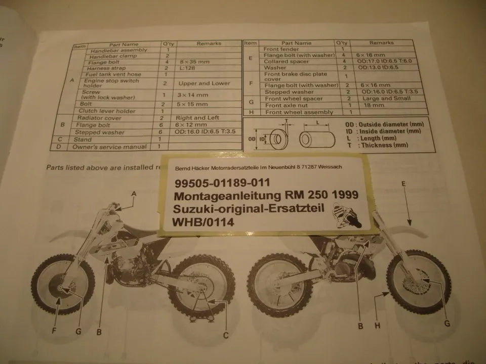 Montageanleitung _ SET-UP MANUAL _ original _ SUZUKI_ RM 250 _ Baujahr 1999