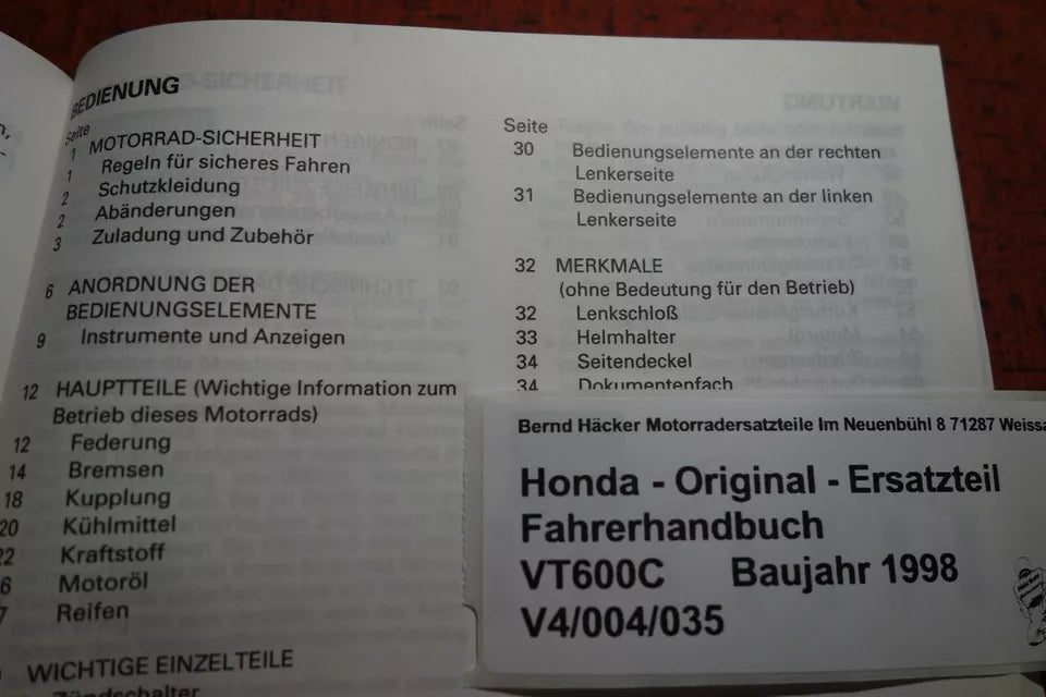 Fahrerhandbuch _ Owners Manual _ VT 600 C  Shadow _ Baujahr 1998