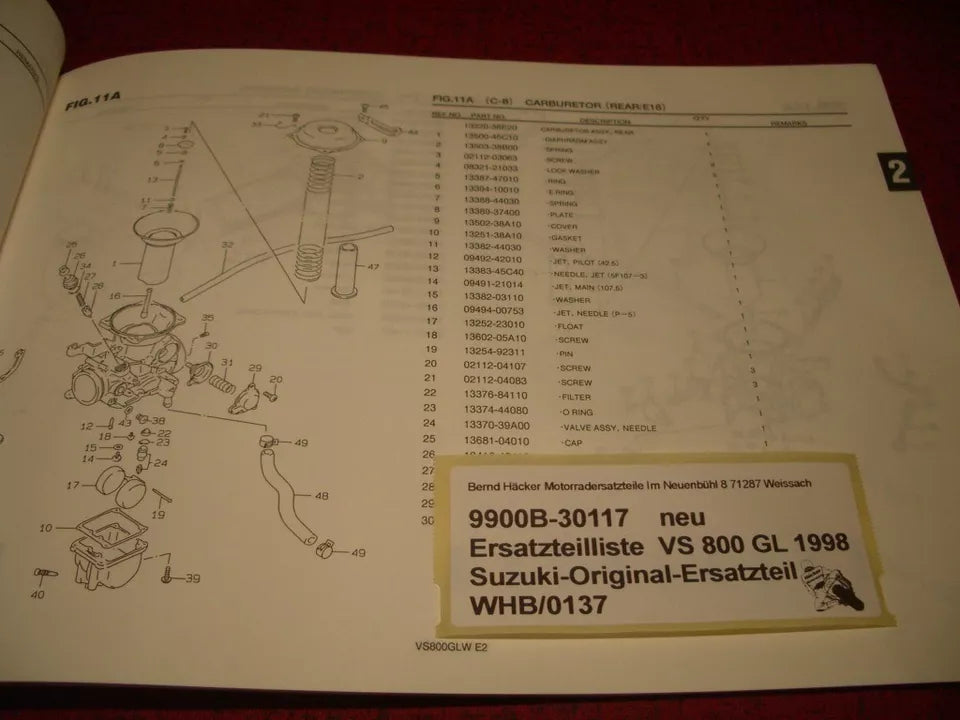 ERSATZTEILLISTE _ PARTS CATALOGUE _ SUZUKI _ VS 800 GL _ BAUJAHR 1998