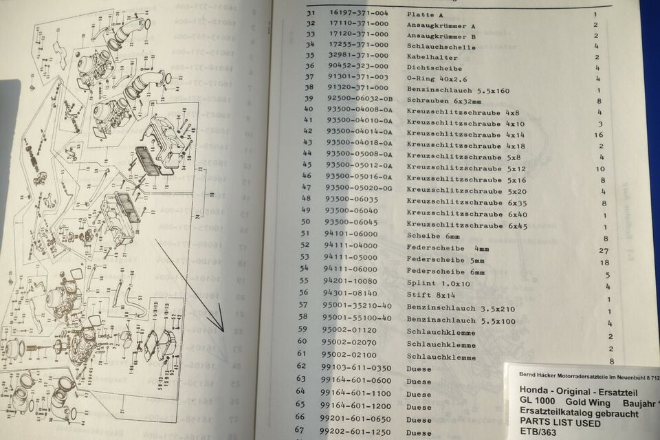 Spare parts catalogue parts list PARTSLIST GL 1000 Gold Wing Bj. 1979