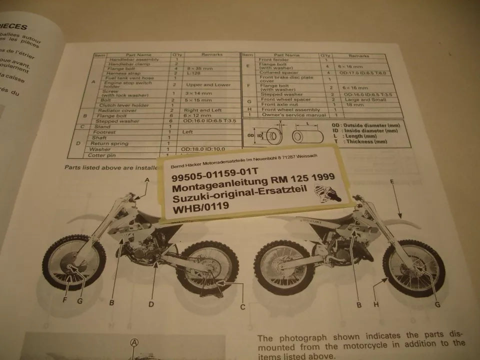 SET-UP MANUAL _ MANUEL D`ASSEMBLAGE _ original _ SUZUKI_ RM 125_ Baujahr 1999