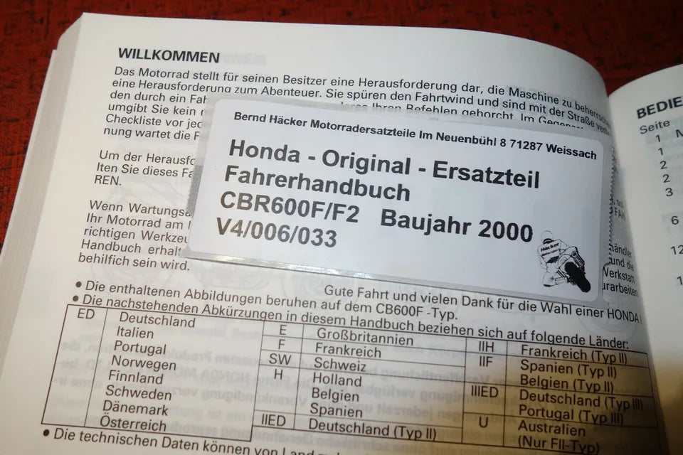 Driver's Manual _ Owners Manual _ CBR 600 F / F2 _ PC35 _Year of manufacture 2000